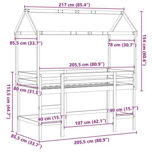 Krevet na kat s ljestvama i krovom 80x200 cm od borovine Prirodna 80 x 200 cm Cijena