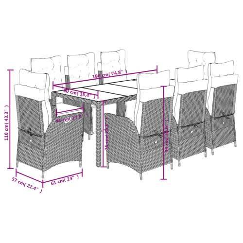 Vrtna garnitura - 9-dijelni vrtni blagovaonski set s jastucima crni od poliratana - Crna i krem 190 x 90 x 75 cm Bez naslona za  Cijena