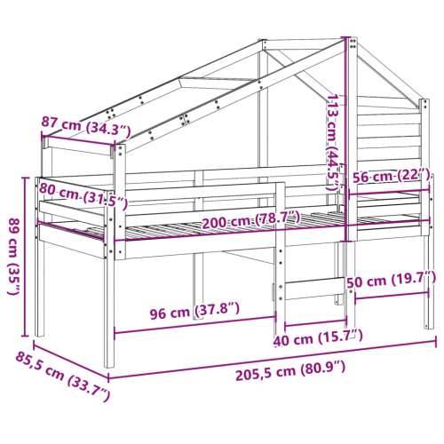 Visoki krevet s krovom bijeli 80 x 200 cm od masivne borovine - Bijela 80 x 200 cm Cijena