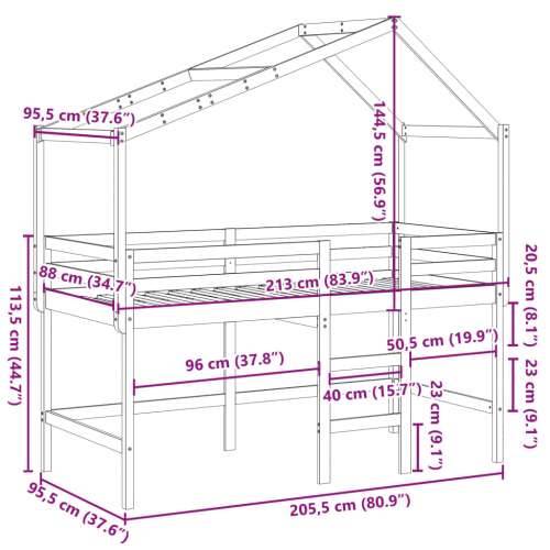 Krevet na kat s ljestvama i krovom bijeli 90x200 cm od borovine - Bijela 90 x 200 cm Cijena