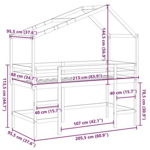 Krevet na kat s ljestvama i krovom bijeli 90x200 cm od borovine - Bijela 90 x 200 cm Cijena