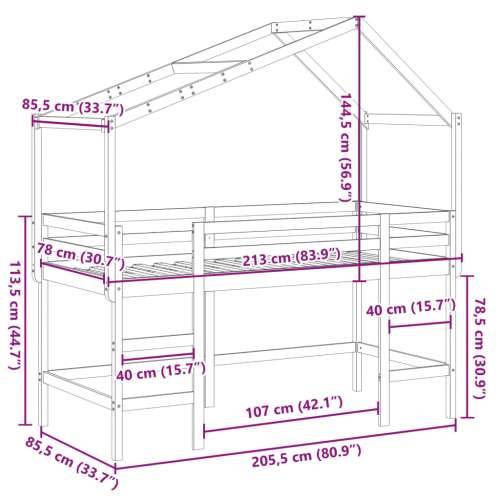 Krevet na kat s ljestvama i krovom bijeli 80x200 cm od borovine - Bijela 80 x 200 cm Cijena