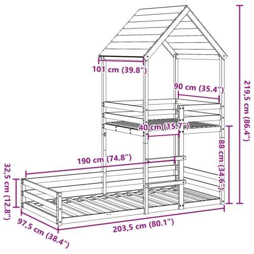 Krevet na kat s krovom 90 x 190 cm od masivne borovine - Prirodna 90 x 190 cm Cijena