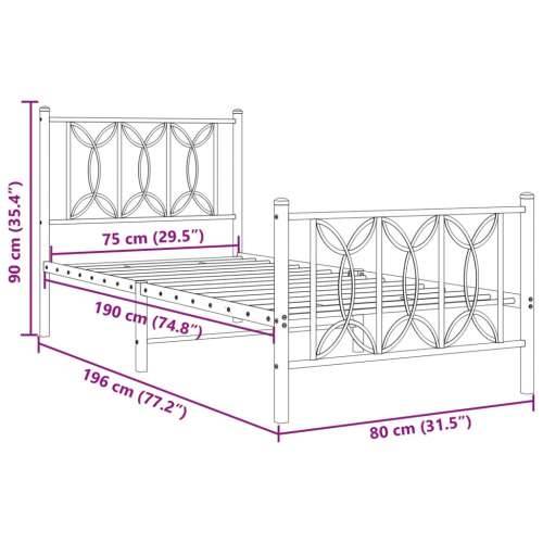 Metalni okvir kreveta uzglavlje i podnožje bijeli 75x190 cm - Bijela 75 x 190 cm s uzglavljem i podnožjem Cijena