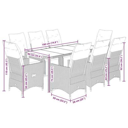 9-dijelni vrtni bistro set od poliratana s jastucima sivi - 190 x 90 x 75 cm boja drva 8 Cijena