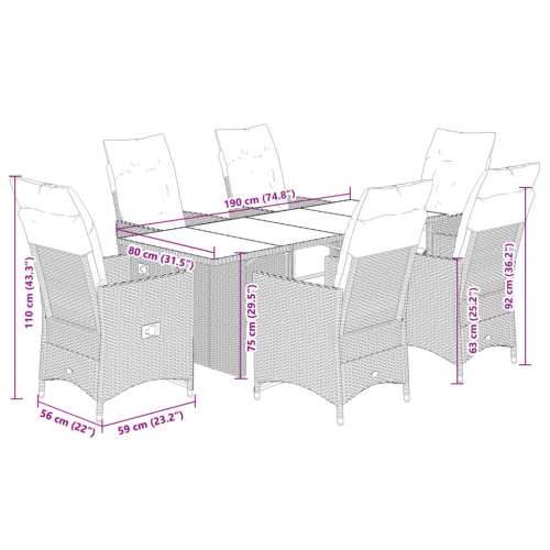 7-dijelni vrtni bistro set od poliratana s jastucima sivi - 190 x 80 x 75 cm Stakl 6 Cijena