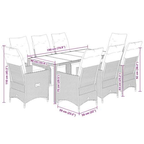 9-dijelni vrtni bistro set od poliratana s jastucima smeđi - 190 x 90 x 75 cm 8 Cijena