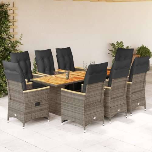 9-dijelni vrtni bistro set od poliratana s jastucima sivi - Siva 190 x 80 x 75 cm 8 Cijena