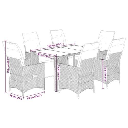 7-dijelni vrtni bistro set od poliratana s jastucima sivi - 150 x 90 x 75 cm Stakl 6 Cijena