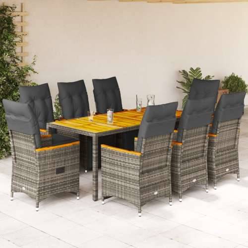 9-dijelni vrtni bistro set od poliratana s jastucima sivi - Siva 190 x 90 x 75 cm 8 Cijena