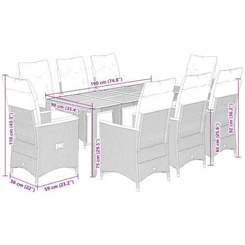 9-dijelni vrtni bistro set od poliratana s jastucima sivi - Siva 190 x 90 x 75 cm 8 Cijena