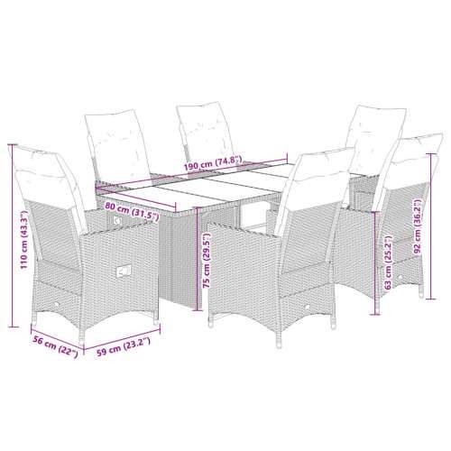 7-dijelni vrtni bistro set od poliratana s jastucima sivi - 190 x 80 x 75 cm boja drva 6 Cijena