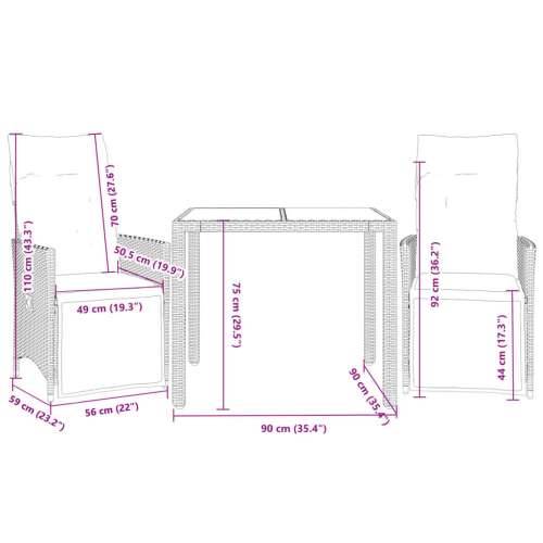 3-dijelni vrtni bistro set od poliratana s jastucima sivi - 90 x 90 x 75 cm Stakl 2 Cijena