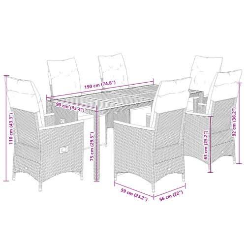 7-dijelni vrtni bistro set od poliratana s jastucima crni - Krema 190 x 90 x 75 cm 6 Cijena