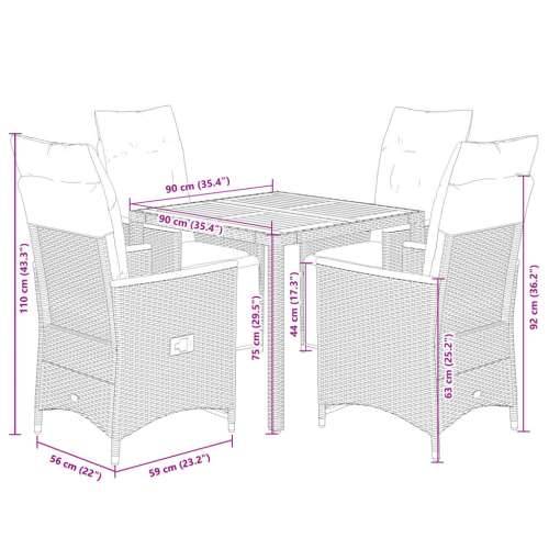 5-dijelni vrtni bistro set od poliratana s jastucima sivi - Siva 90 x 90 x 75 cm 4 Cijena
