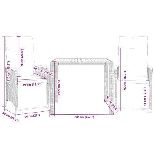 3-dijelni vrtni bistro set od poliratana s jastucima sivi - Siva 90 x 90 x 75 cm 2 Cijena