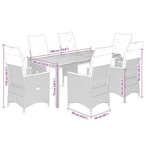 7-dijelni vrtni bistro set od poliratana s jastucima sivi - Siva 190 x 90 x 75 cm 6 Cijena