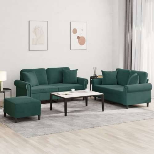 3-dijelni set sofa s jastucima tamnozeleni baršunasti - Tamnozelena s jastucima i tabureom Cijena