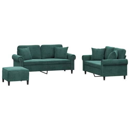 3-dijelni set sofa s jastucima tamnozeleni baršunasti - Tamnozelena s jastucima i tabureom Cijena