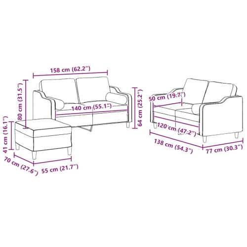 3-dijelni set sofa s jastucima svjetlosivi od tkanine - Svjetlosiva s jastucima i tabureom Cijena