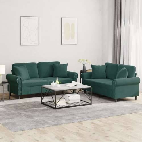 2-dijelni set sofa s jastucima tamnozeleni baršunasti - Tamnozelena s jastučićima Cijena