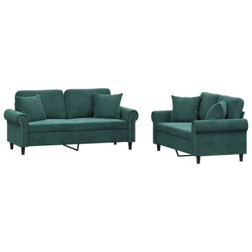 2-dijelni set sofa s jastucima tamnozeleni baršunasti - Tamnozelena s jastučićima Cijena
