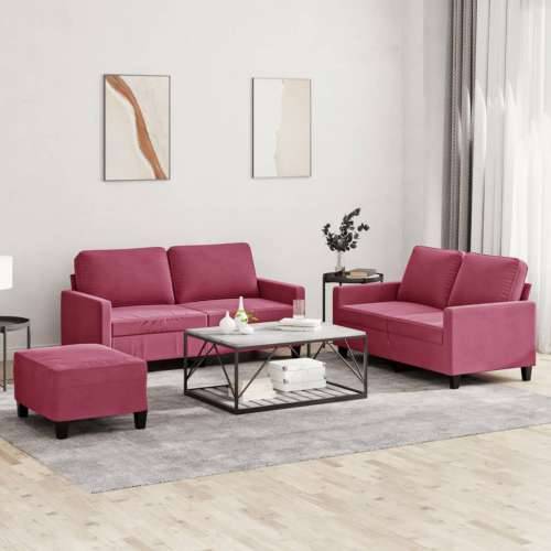 3-dijelni set sofa s jastucima crvena boja vina baršunasti - boja crnog vina s jastučićima i tabureom Cijena