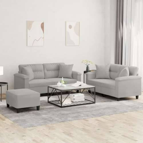 3-dijelni set sofa s jastucima svjetlosivi od mikrovlakana - Svjetlosiva s jastucima i tabureom Cijena