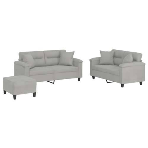 3-dijelni set sofa s jastucima svjetlosivi od mikrovlakana - Svjetlosiva s jastucima i tabureom Cijena