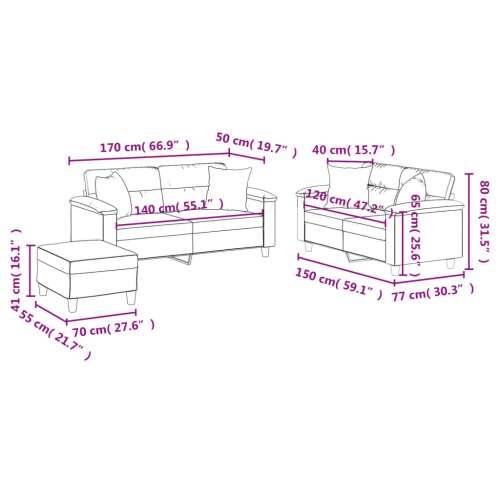 3-dijelni set sofa s jastucima svjetlosivi od mikrovlakana - Svjetlosiva s jastucima i tabureom Cijena
