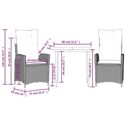 Vrtna garnitura - 3-dijelni vrtni blagovaonski set s jastucima od poliratana crni - 80 x 80 x 74 cm Bez naslona za noge 2 Cijena