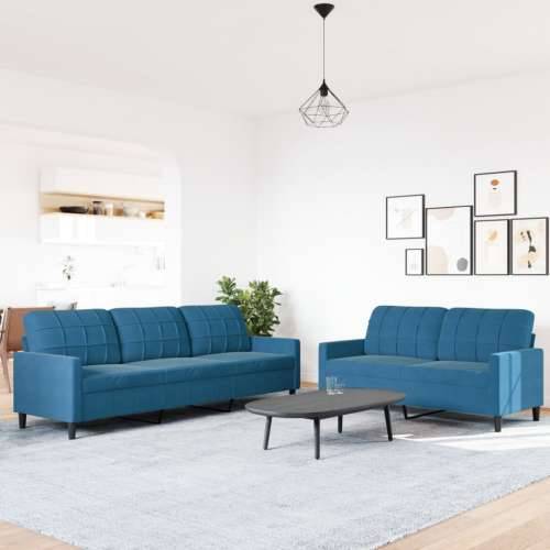 2-dijelni set sofa s jastucima plavi baršunasti - Plava Bez oslonca za noge Cijena