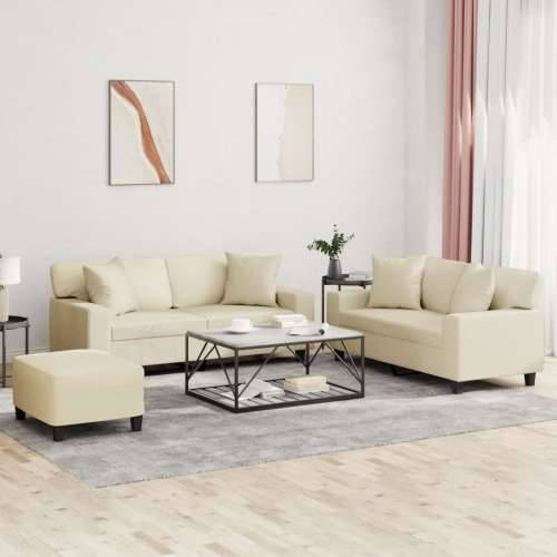 3-dijelni set sofa s jastucima krem od umjetne kože - Krema s jastucima i tabureom Cijena