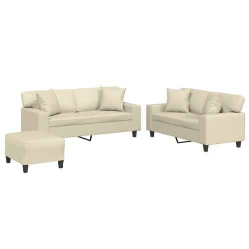 3-dijelni set sofa s jastucima krem od umjetne kože - Krema s jastucima i tabureom Cijena