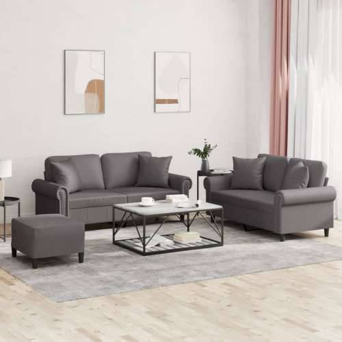 3-dijelni set sofa s jastucima sivi od umjetne kože - Siva s jastucima i tabureom Cijena
