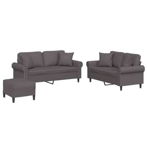 3-dijelni set sofa s jastucima sivi od umjetne kože - Siva s jastucima i tabureom Cijena