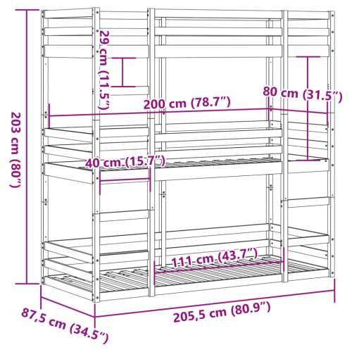 Trostruki krevet na kat 80 x 200 cm od masivne borovine - Prirodna 80 x 200 cm Cijena