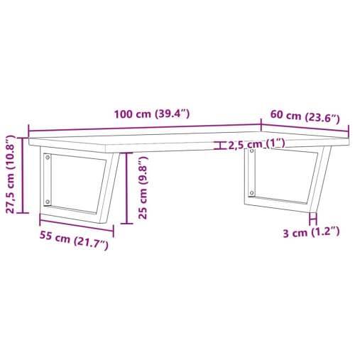 Zidna polica za Lavabo - Umivaonik od čelika i masivne hrastovine - svijetlo smeđa i crna 100 x 60 x 2.5 cm 1 Trapez Cijena