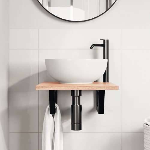 Zidna polica za Lavabo - Umivaonik od čelika i masivne hrastovine - svijetlo smeđa i crna 40 x 60 x 2 cm 1 Trapez Cijena