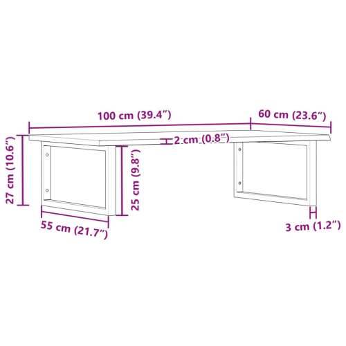 Zidna polica za Lavabo - Umivaonik od čelika i masivne hrastovine - Smeđa i crna 100 x 60 x 2 cm 1 Pravokutno Cijena