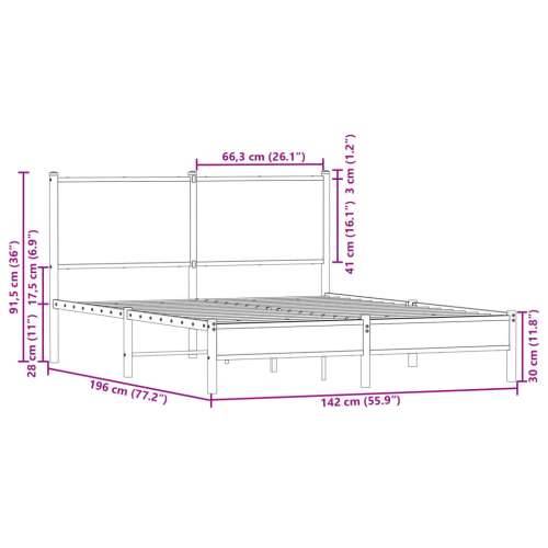 Metalni okvir kreveta bez madraca smeđa boja hrasta 137x190 cm - Smeđi hrast 137 x 190 cm s uzglavljem i niskim podnožjem Cijena
