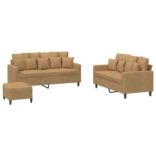 3-dijelni set sofa s jastucima smeđi baršunasti - Smeđa s jastučićima i tabureom Cijena