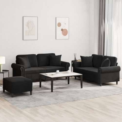3-dijelni set sofa s jastucima crni baršunasti - Crna s jastucima i tabureom Cijena