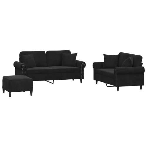 3-dijelni set sofa s jastucima crni baršunasti - Crna s jastucima i tabureom Cijena