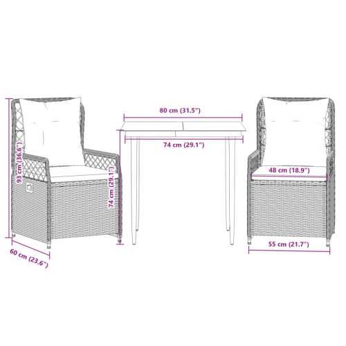 Vrtna garnitura - 3-dijelni vrtni blagovaonski set s jastucima od poliratana crni - Crna 80 x 80 x 74 cm 2 Cijena