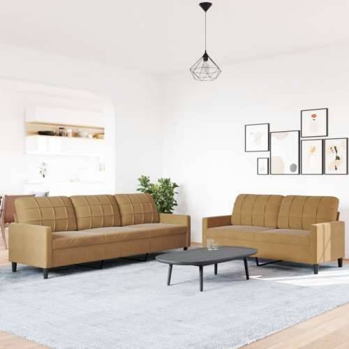 2-dijelni set sofa s jastucima smeđi baršunasti - Smeđa Bez oslonca za noge Cijena