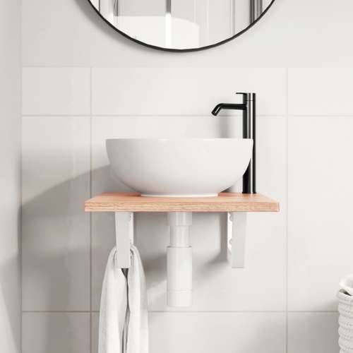 Zidna polica za Lavabo - Umivaonik od čelika i masivne hrastovine - svijetlo smeđa i bijela 40 x 60 x 2 cm 1 Trapez Cijena