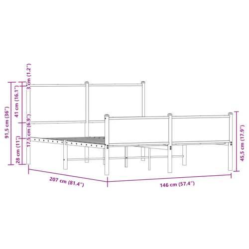 Metalni okvir kreveta bez madraca smeđa boja hrasta 140x200 cm - Smeđi hrast 140 x 200 cm s uzglavljem i visokim podnožjem Cijena
