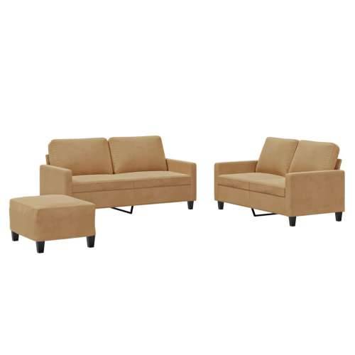3-dijelni set sofa s jastucima smeđi baršunasti - Smeđa s jastučićima i tabureom Cijena