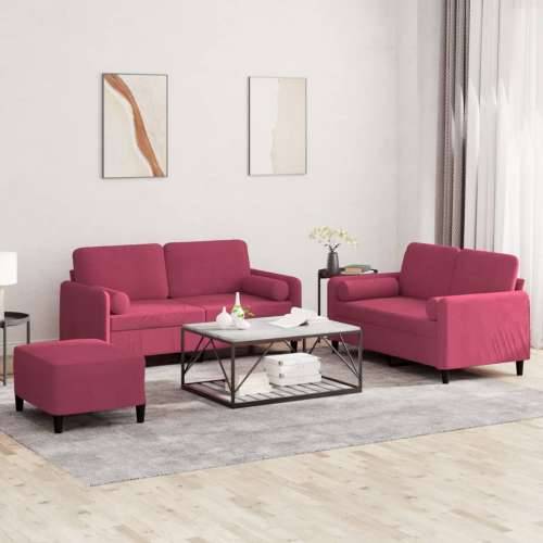 3-dijelni set sofa s jastucima crvena boja vina baršunasti - boja crnog vina s jastucima i tabureom Cijena